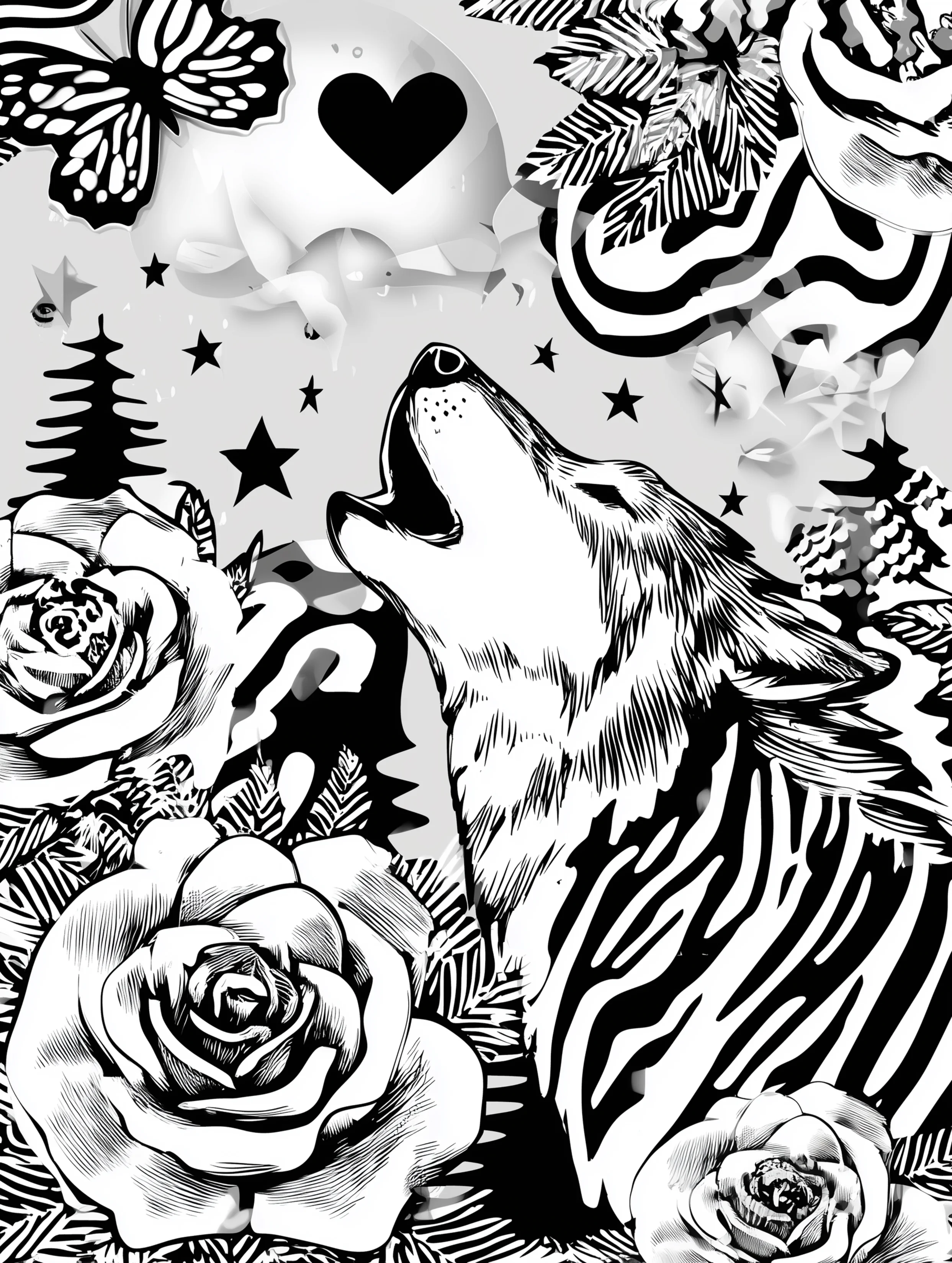 Free printable wolf coloring page for adults featuring a wolf howling toward the upper left